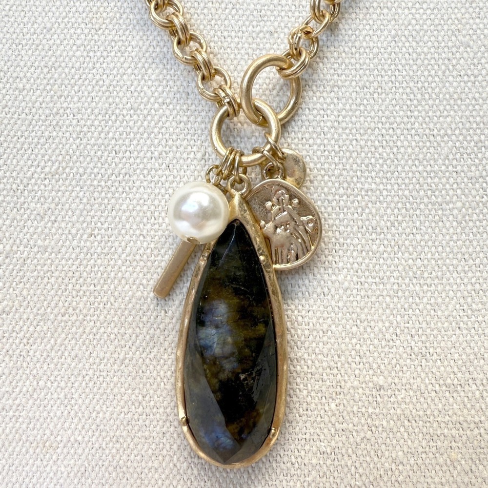 Labradorite Charm Necklace‎ Cross Religious Pearl Gold-Tone Chunky Chain